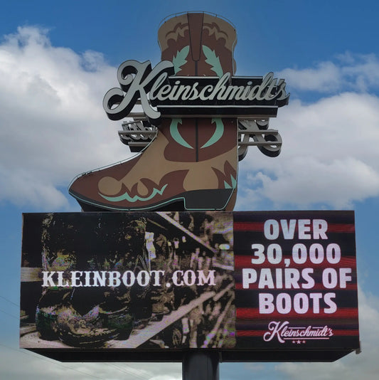 Outdoor Digital Billboard at Kleinschmidt's Boot Store displaying they inventory of 30,000 pairs of boots