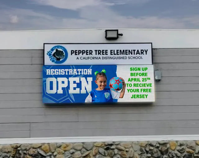 School Electronic sign displaying registration dates for Pepper Tree Elementary in Upland, CA