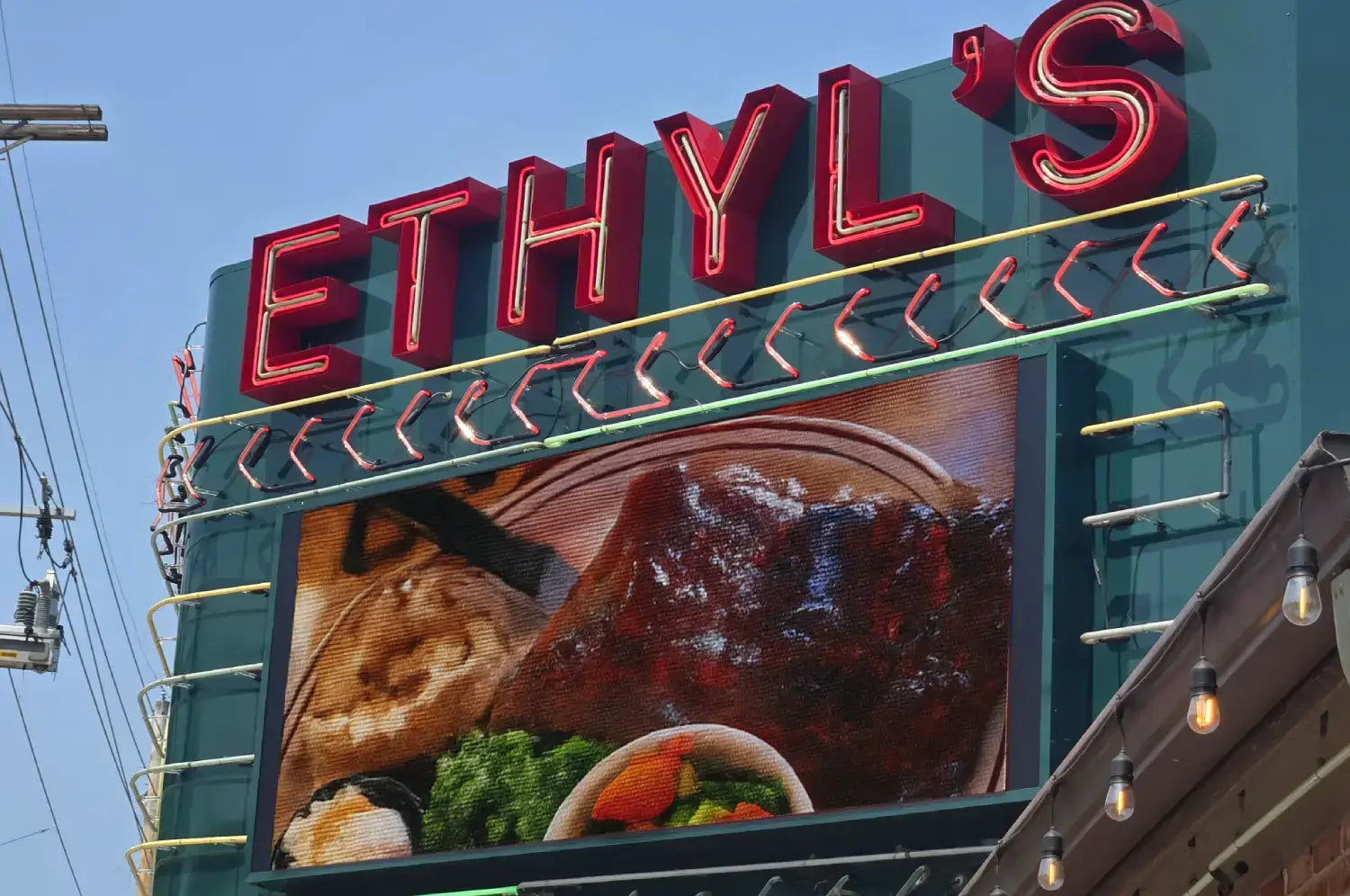 BBQ Restaurant Digital LED sign displaying their menu for Ethyl's Smokehouse BBQ in O'Fallon, MO