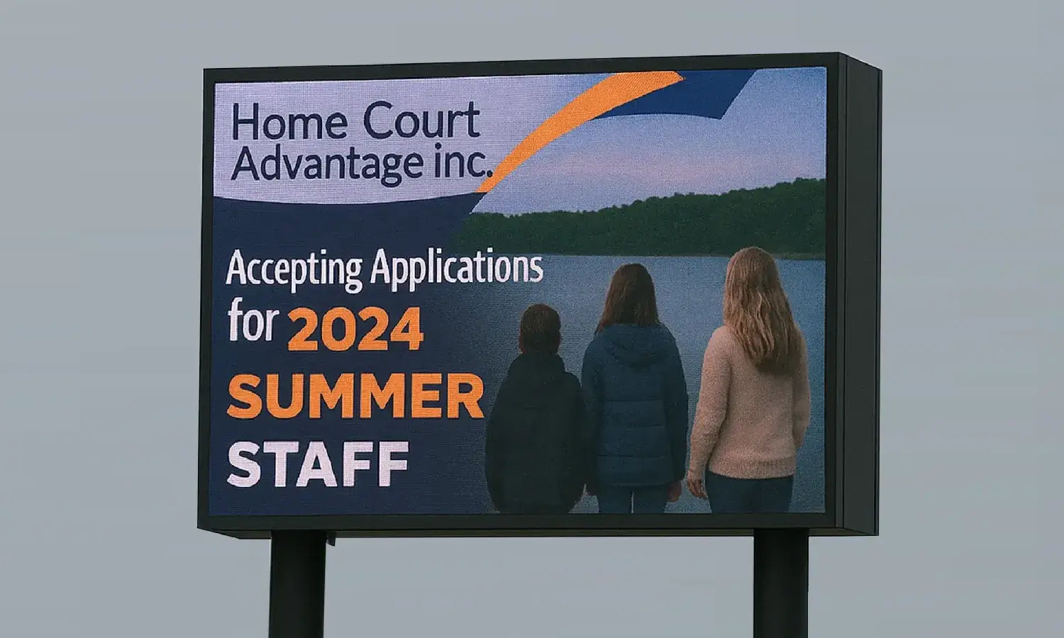 outdoor LED sign displaying hiring for Home Court Advantage INC in Bolivar, MO