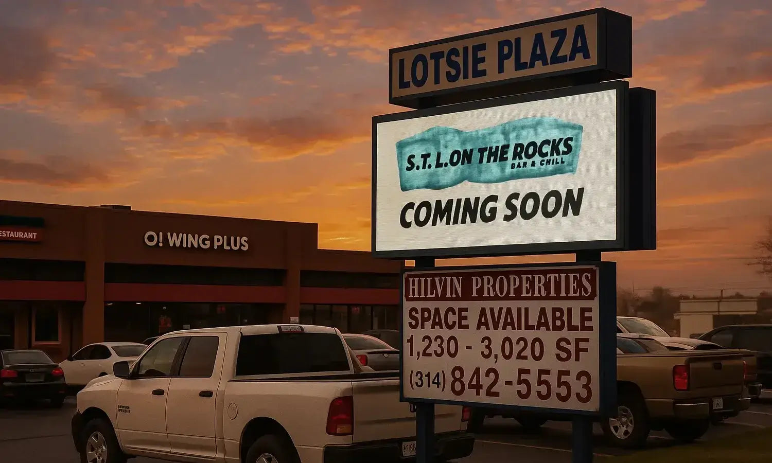Restaurant and Bar outdoor LED sign displaying their grand opening for S.T.L ON The Rocks in St. Louis
