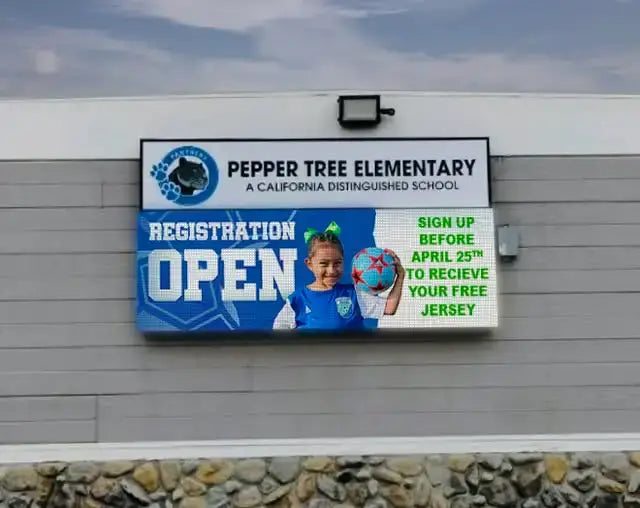 Outdoor LED school sign installation at Pepper Tree Elementary School in California