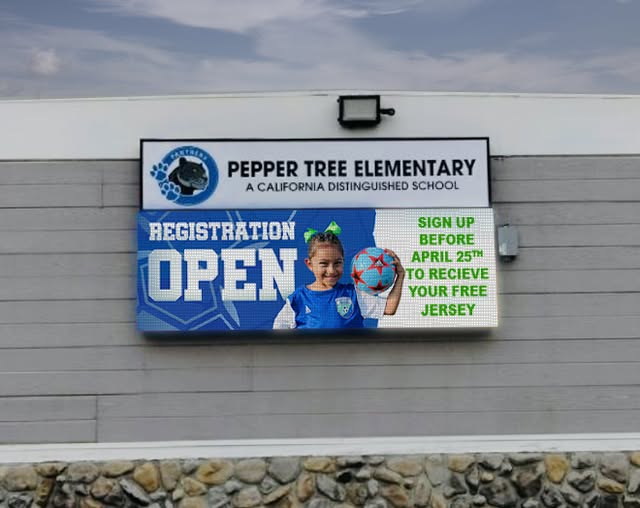 LED School sign displaying registration dates