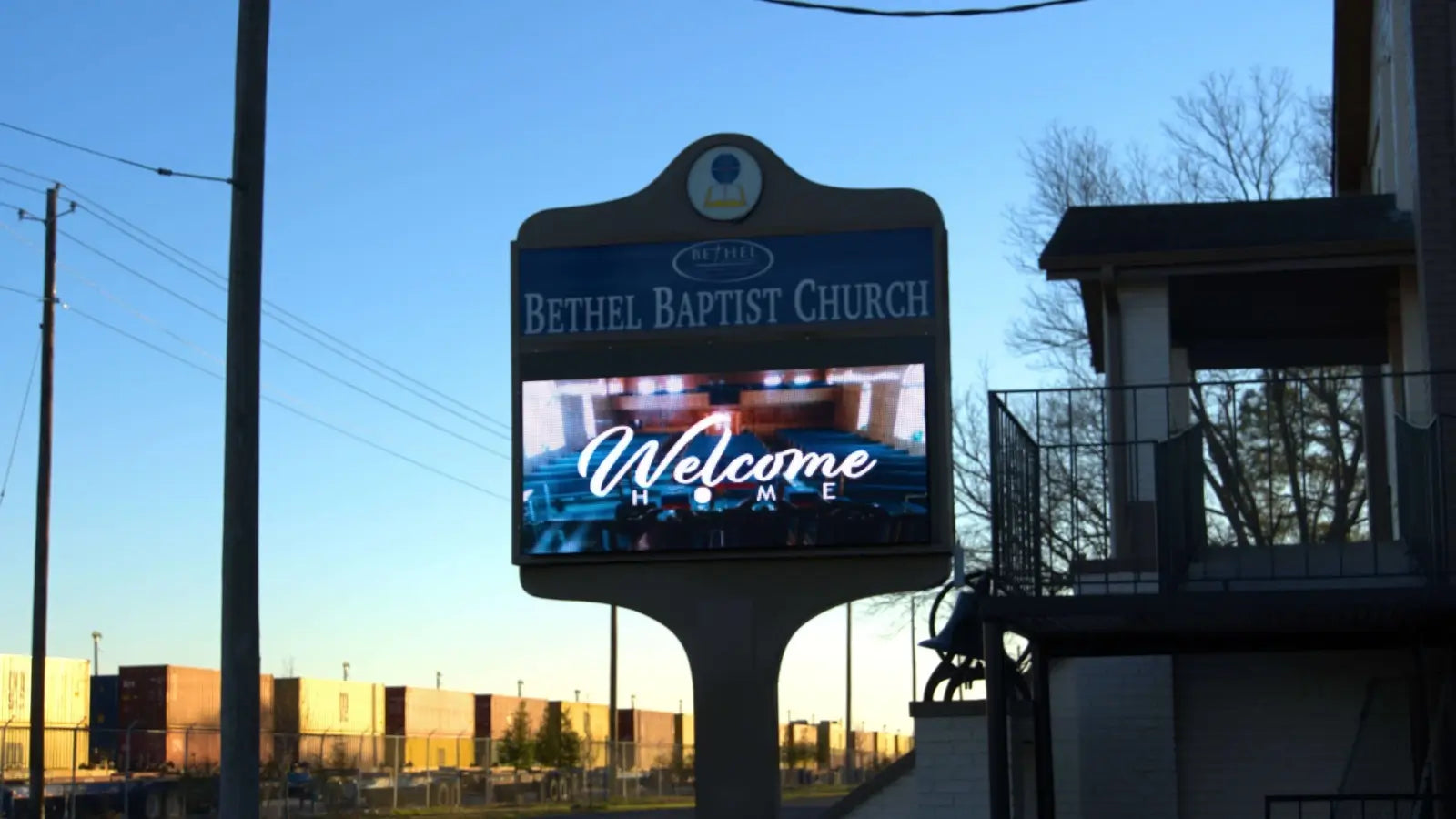 Church LED sign displaying service times and community messages for congregation